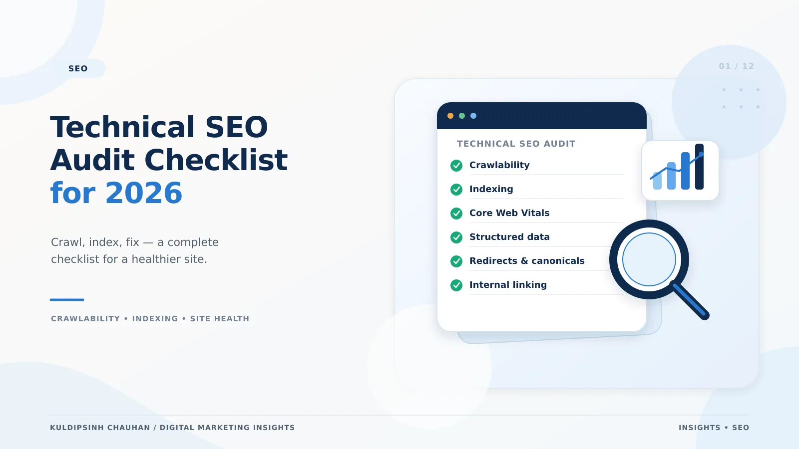 Technical SEO audit checklist 2026 banner showing crawling, indexing, canonical and Core Web Vitals checks