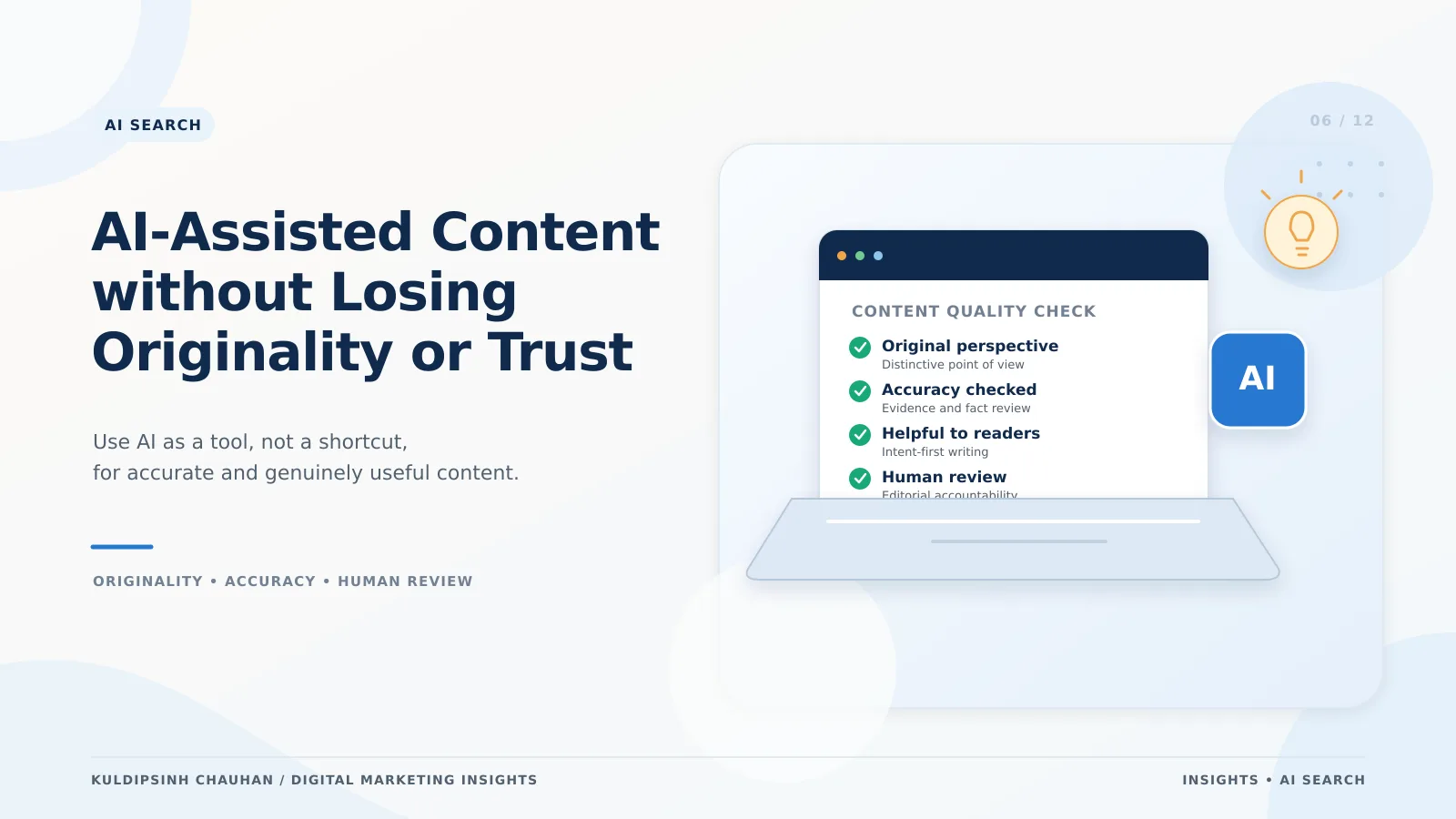 AI-generated content and SEO AI-assisted content banner balancing originality, accuracy and trust