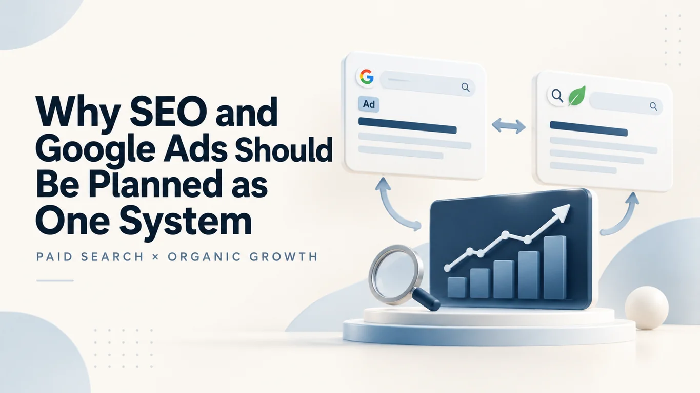SEO and Google Ads working together, illustrated with paid and organic search listings and a growth chart