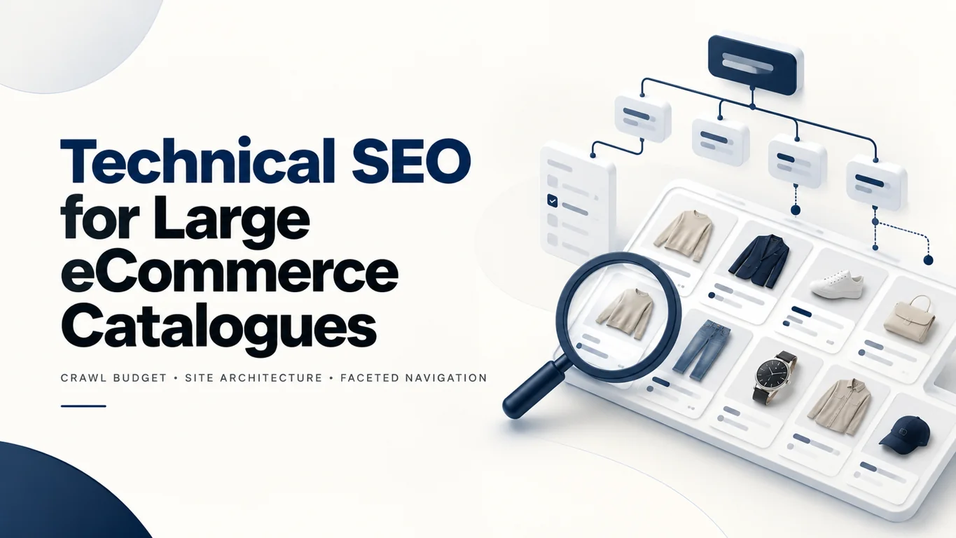 Technical SEO for large eCommerce catalogues: product grid, magnifying glass and site architecture diagram